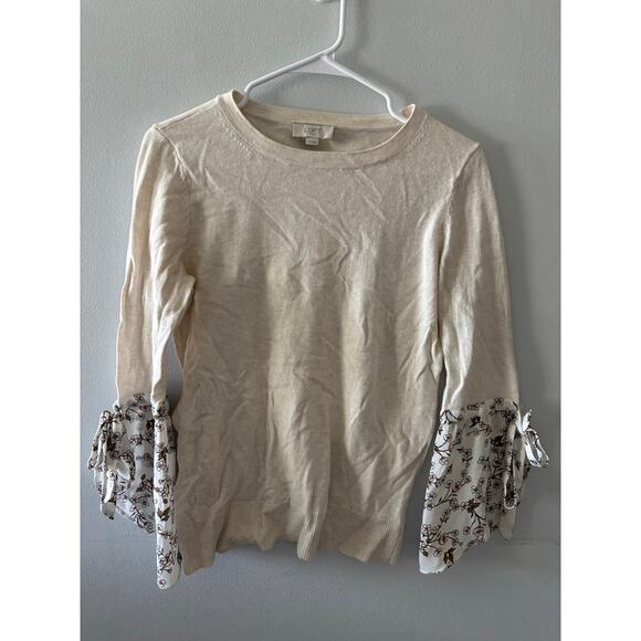 LOFT Womens Crewneck Pullover Sweater Size XS Cream Floral Sleeve Office Neutral - Picture 1 of 6